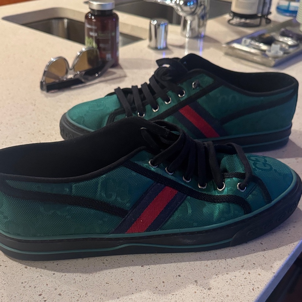 Gucci Emerald Sneakers with Red and Navy Stripe